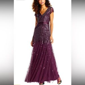 Adrianna Papell V Neck Long Beaded Maroon Dress Bridesmaid Wedding Formal Sequin
